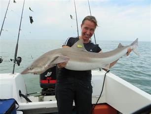 Vrouw vangt grote haai in Zeeland